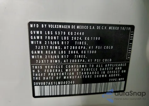 2020 Volkswagen Tiguan S из США, поврежденный, VIN 3VV0B7AX1LM040346